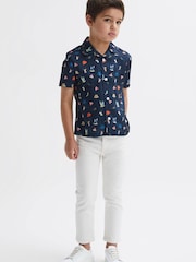 Reiss Navy Archer Beach Print Cuban Collar Shirt - Image 3 of 7