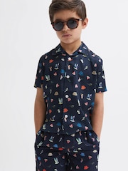 Reiss Navy Archer Beach Print Cuban Collar Shirt - Image 6 of 7