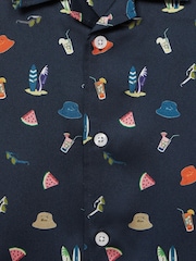 Reiss Navy Archer Beach Print Cuban Collar Shirt - Image 7 of 7