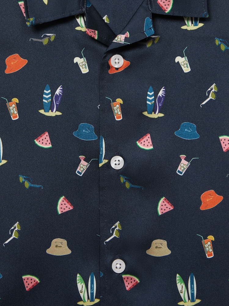 Reiss Navy Archer Beach Print Cuban Collar Shirt - Image 7 of 7 Reiss Navy Archer Beach Print Cuban Collar Shirt - Image 7 of 7
