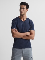 Reiss Airforce Blue Dayton Cotton V-Neck T-Shirt - Image 1 of 5
