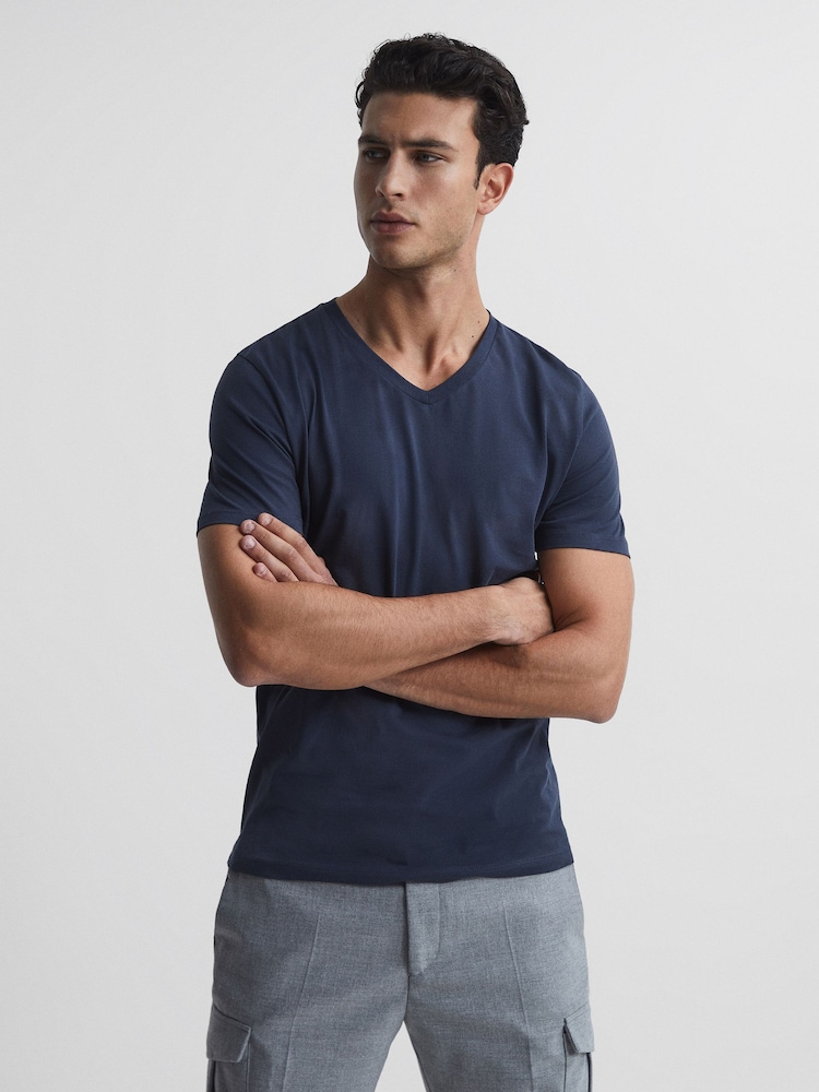 Reiss Airforce Blue Dayton Cotton V-Neck T-Shirt - Image 1 of 5