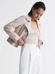 Reiss Off White Santiago Leather Biker Jacket - Image 1 of 7
