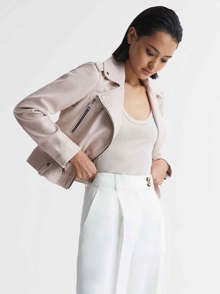 Reiss Off White Santiago Leather Biker Jacket - Image 1 of 7