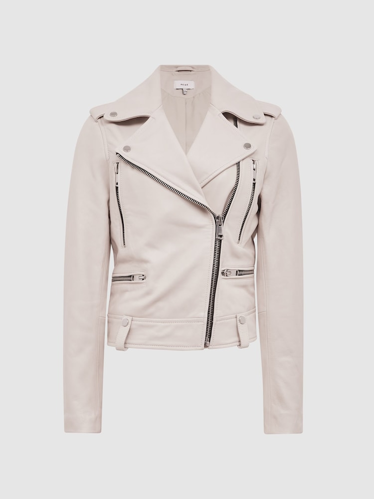 Reiss Off White Santiago Leather Biker Jacket - Image 2 of 7
