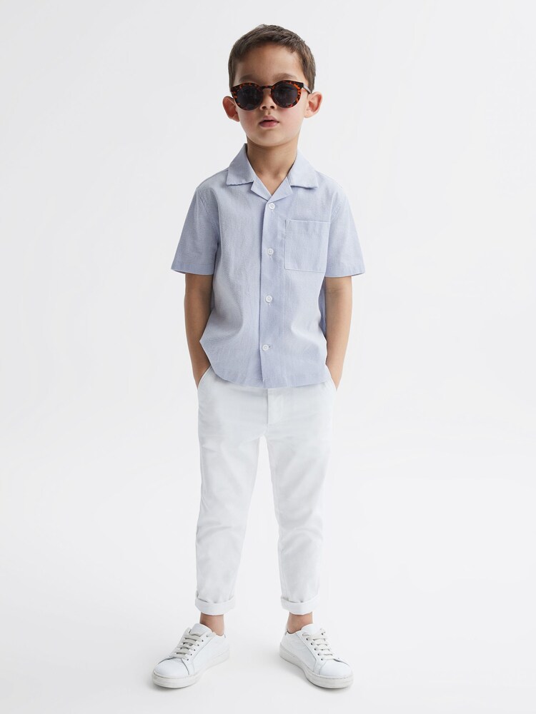 Reiss Navy Stripe Saka Senior Cuban Collar Striped Short Sleeve Shirt - Image 1 of 6