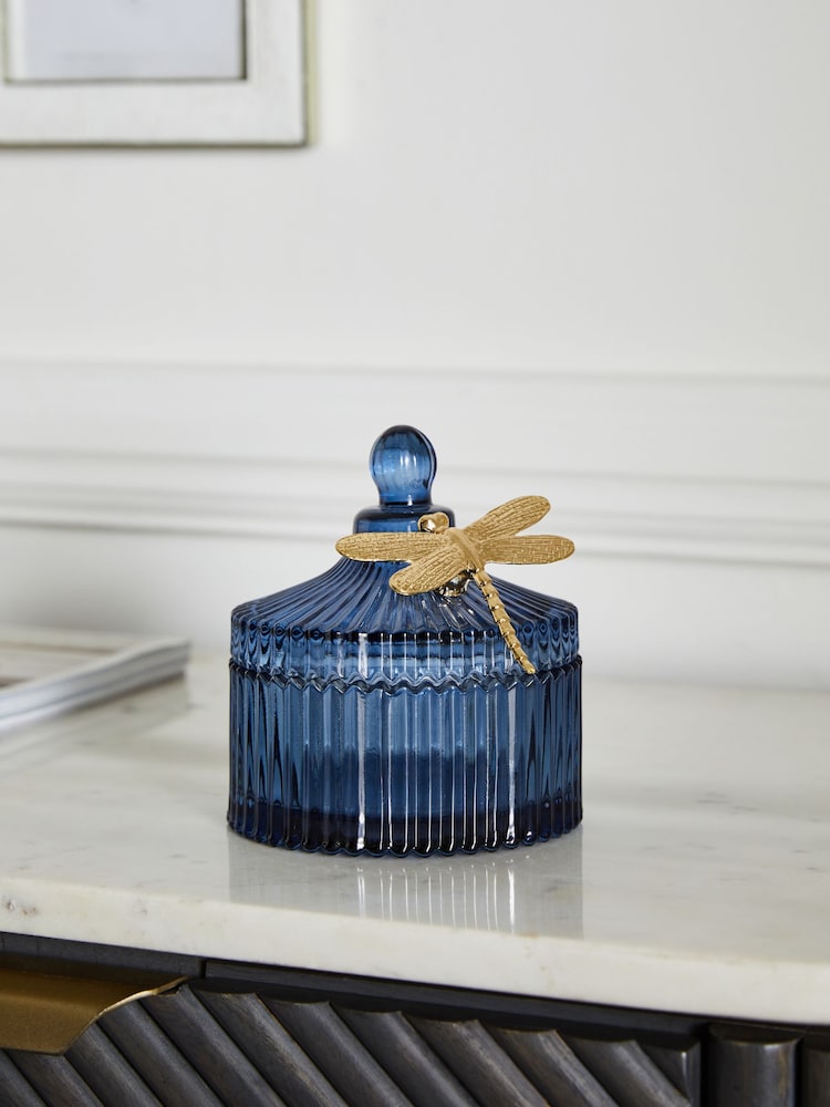 Navy Dragonfly Glass Trinket Pot - Image 1 of 5 Navy Dragonfly Glass Trinket Pot - Image 1 of 5