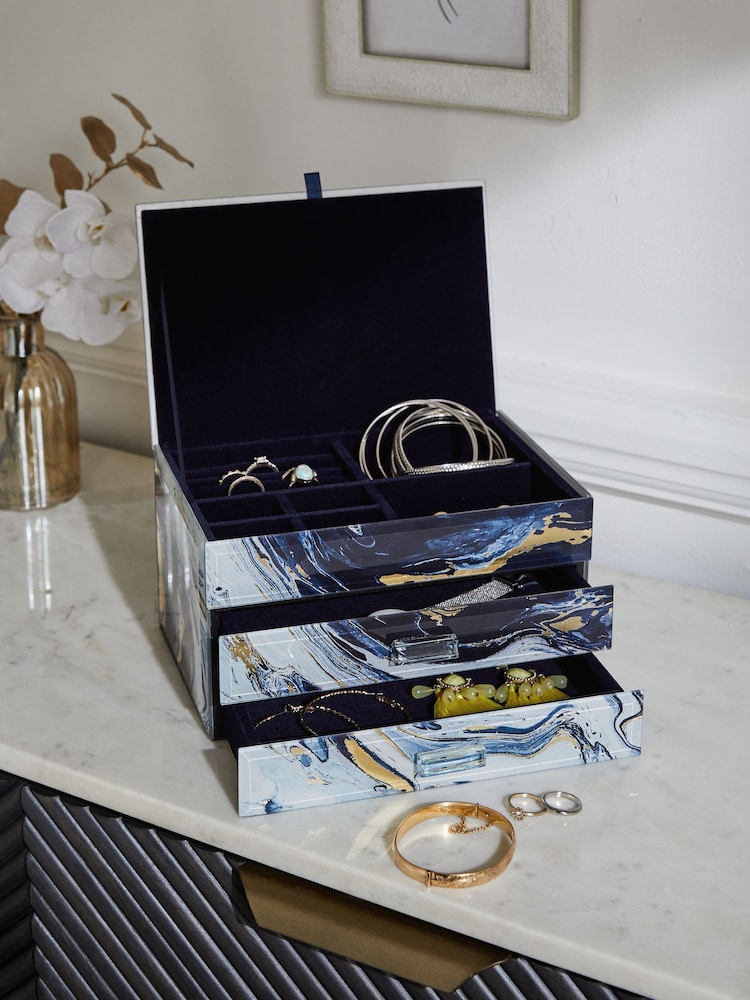 Navy Marble Effect Large Glass Jewellery Box - Image 2 of 3