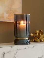 Blue Ribbed Glass Hurricane Candle Holder Medium - Image 1 of 5