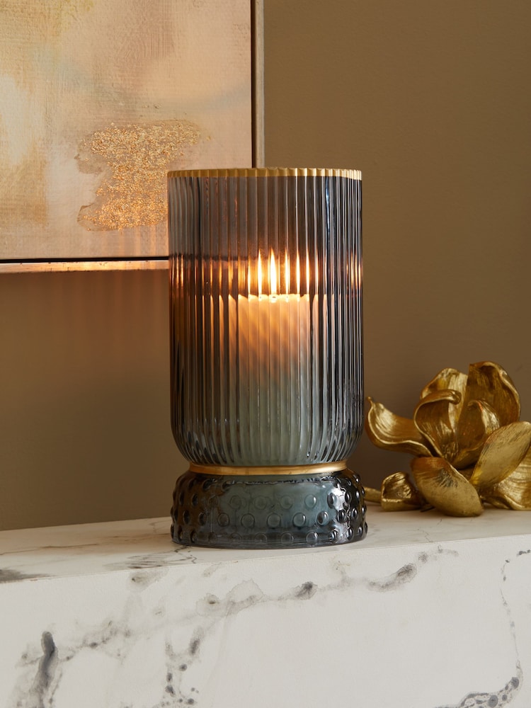 Blue Ribbed Glass Hurricane Candle Holder Medium - Image 1 of 5