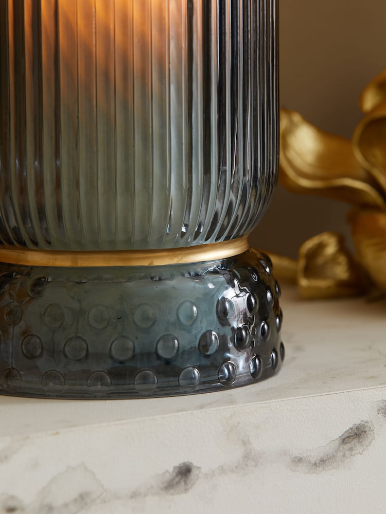 Blue Ribbed Glass Hurricane Candle Holder Medium - Image 2 of 5