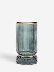Blue Ribbed Glass Hurricane Candle Holder Medium - Image 4 of 5