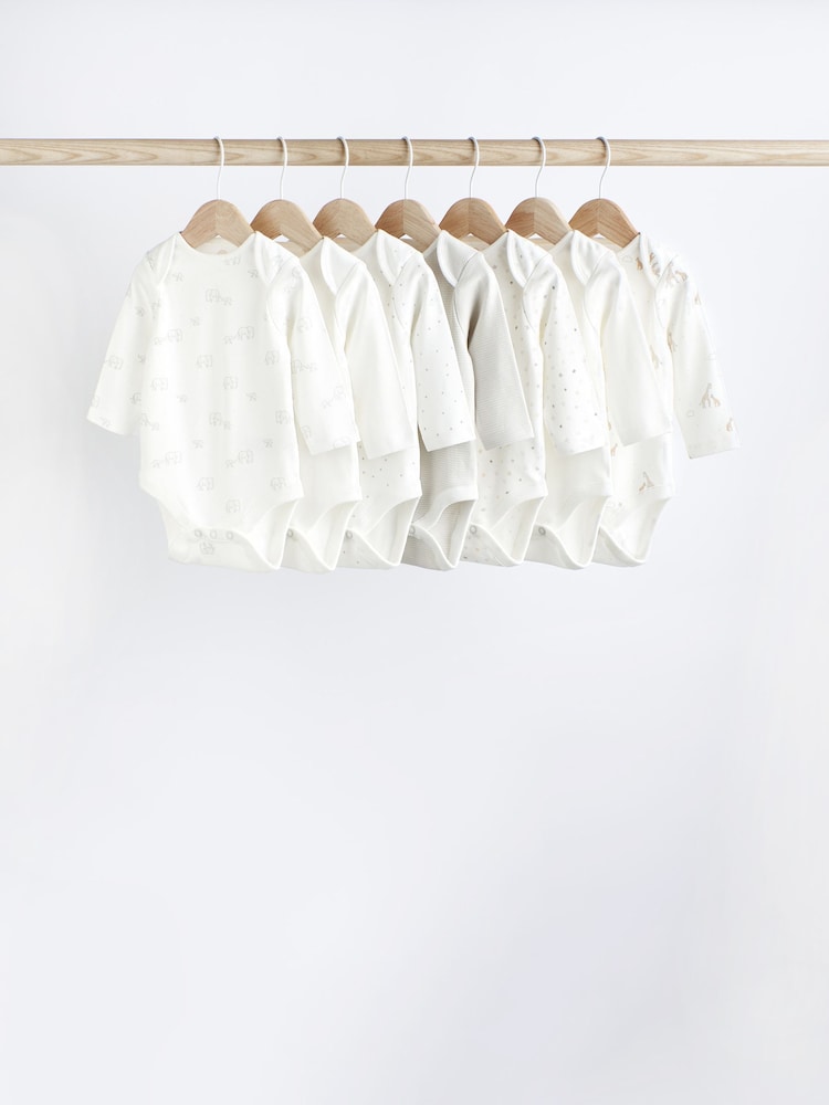 Delicate White Animal 7 Pack Baby Printed Long Sleeve Bodysuits - Image 1 of 7