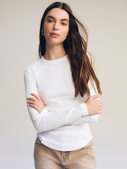 White Long Sleeve Ribbed Crew Neck Top - Image 4 of 7