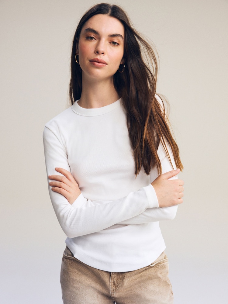 White Long Sleeve Ribbed Crew Neck Top - Image 4 of 7