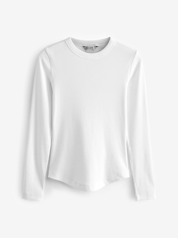 White Long Sleeve Ribbed Crew Neck Top - Image 6 of 7