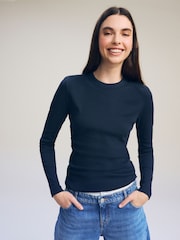 Azul marino - Top de canalé de manga larga con cuello redondo - Imagen 1 de 7