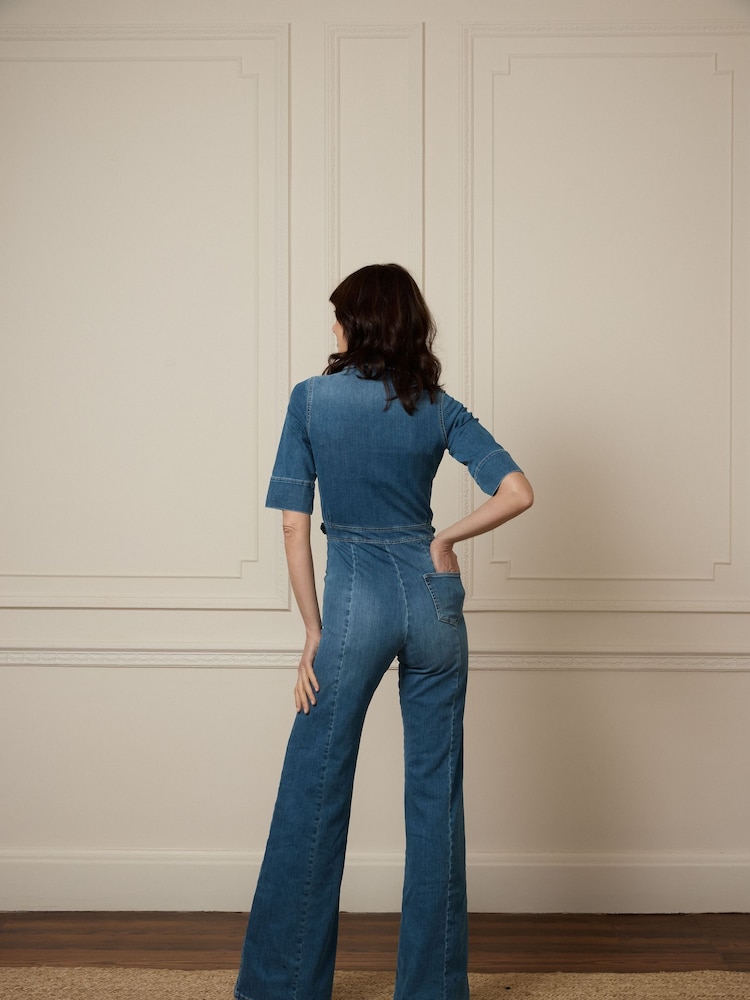 DONNA IDA Cassandra Blue Denim Flared Jumpsuit - Image 2 of 4