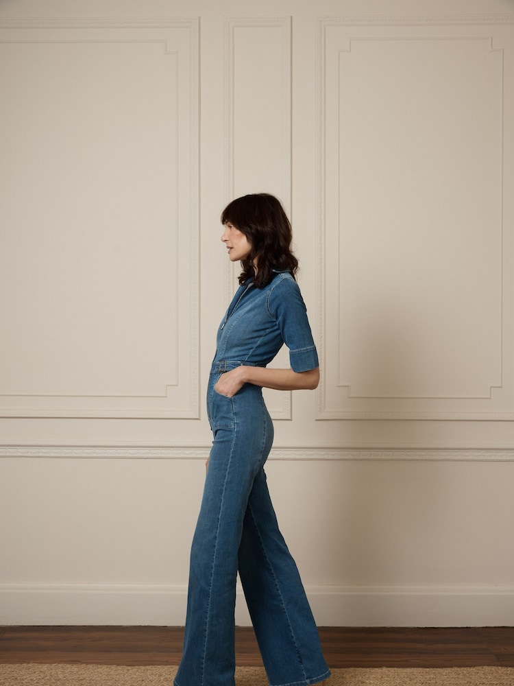 DONNA IDA Cassandra Blue Denim Flared Jumpsuit - Image 4 of 4
