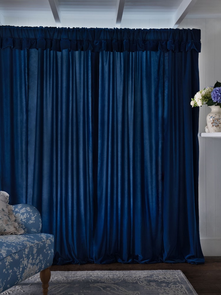 Shabby Chic by Rachel Ashwell® Blue Pencil Pleat Velvet Ruffle Lined Curtains - Image 1 of 4