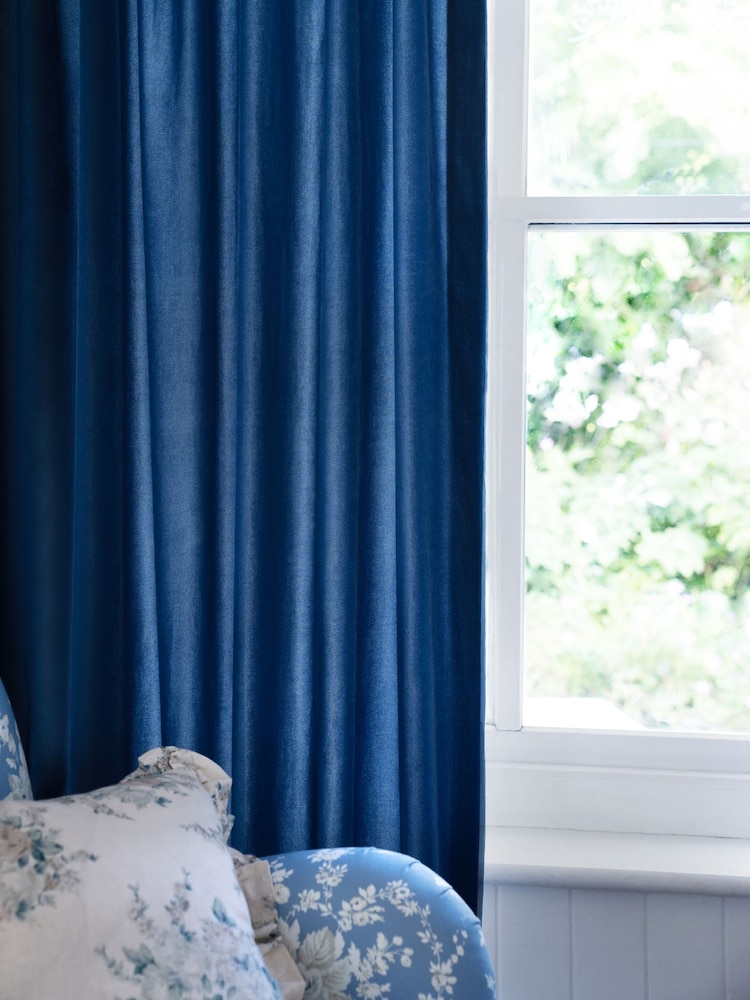Shabby Chic by Rachel Ashwell® Blue Pencil Pleat Velvet Ruffle Lined Curtains - Image 2 of 4