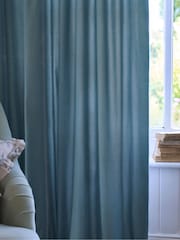 Shabby Chic by Rachel Ashwell® Aqua Blue Pencil Pleat Velvet Ruffle Lined Curtains - Image 2 of 3