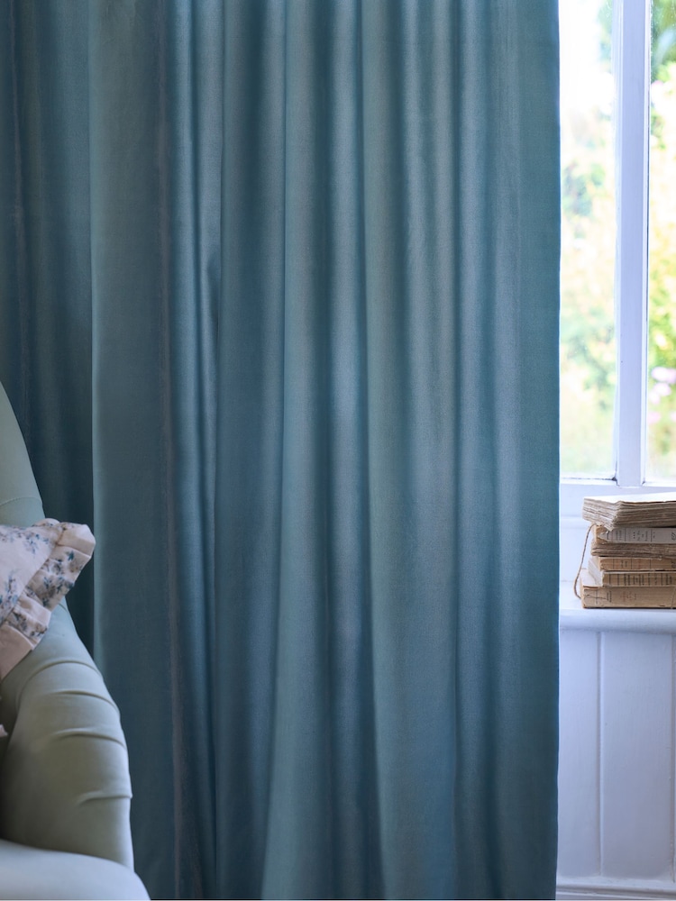 Shabby Chic by Rachel Ashwell® Aqua Blue Pencil Pleat Velvet Ruffle Lined Curtains - Image 2 of 3 Shabby Chic by Rachel Ashwell® Aqua Blue Pencil Pleat Velvet Ruffle Lined Curtains - Image 2 of 3