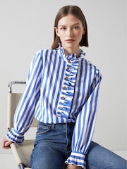 LK Bennett Blue Stripe Camille Cotton-Silk Ruffle Blouse - Image 1 of 5