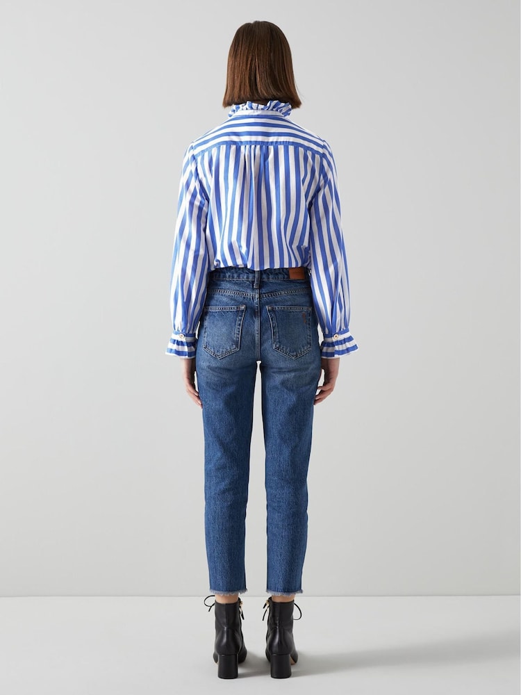 LK Bennett Blue Stripe Camille Cotton-Silk Ruffle Blouse - Image 2 of 5