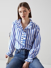 LK Bennett Blue Stripe Camille Cotton-Silk Ruffle Blouse - Image 3 of 5