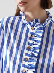 LK Bennett Blue Stripe Camille Cotton-Silk Ruffle Blouse - Image 4 of 5