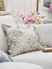 Shabby Chic by Rachel Ashwell® Rose Blossom Teal on Grain Cotton/Linen Mix Ruffle Cushion - Image 1 of 5