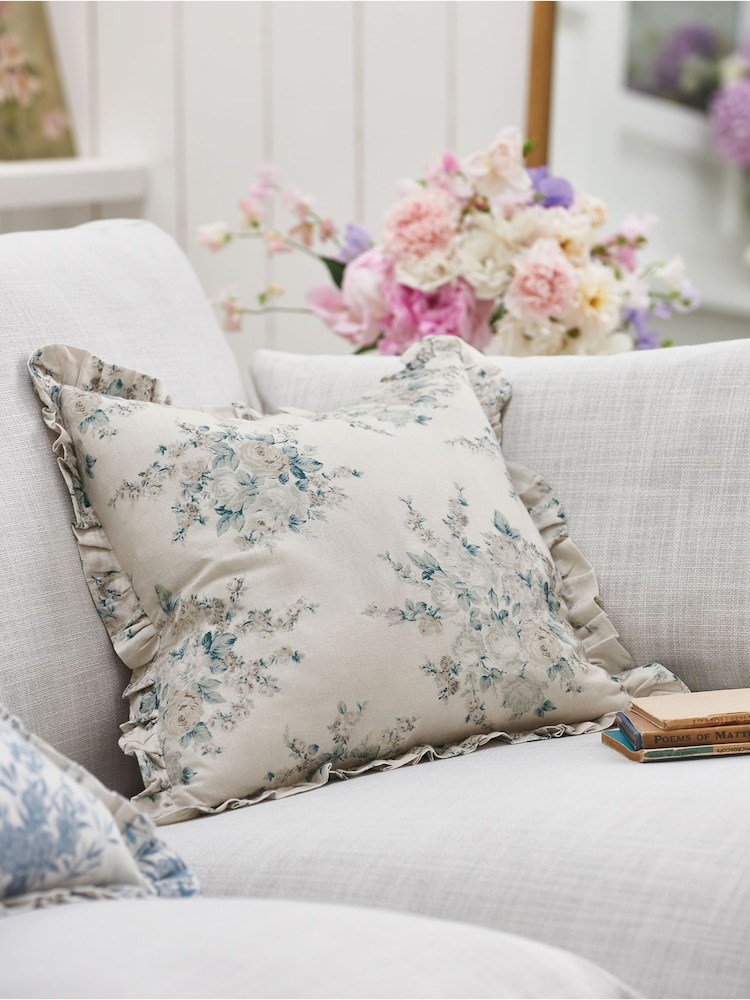 Shabby Chic by Rachel Ashwell® Rose Blossom Teal on Grain Cotton/Linen Mix Ruffle Cushion - Image 1 of 5