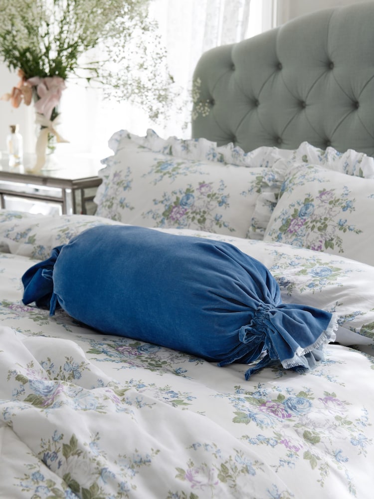 Shabby Chic by Rachel Ashwell® Navy Blue Velvet Ruffle Jewel Bolster Cushion - Image 1 of 4