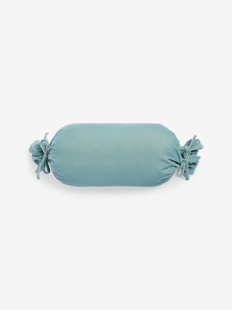 Shabby Chic by Rachel Ashwell® Aqua Blue Velvet Ruffle Jewel Bolster Cushion - Image 4 of 4