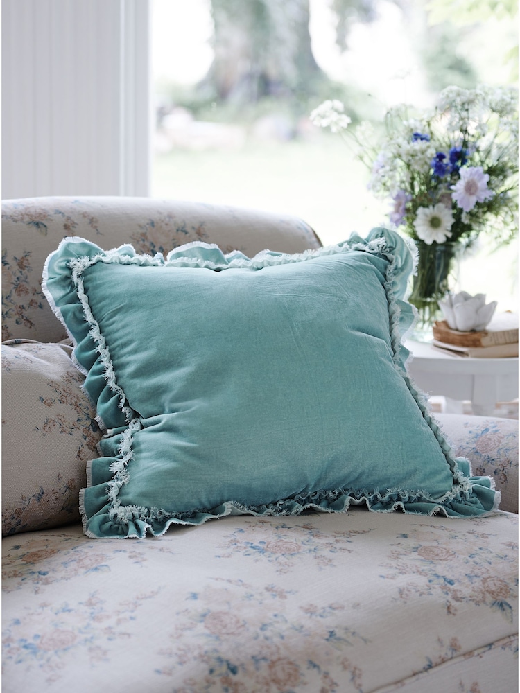 Shabby Chic by Rachel Ashwell® Aqua Blue Velvet Ruffle Square Jewel Cushion - Image 1 of 4