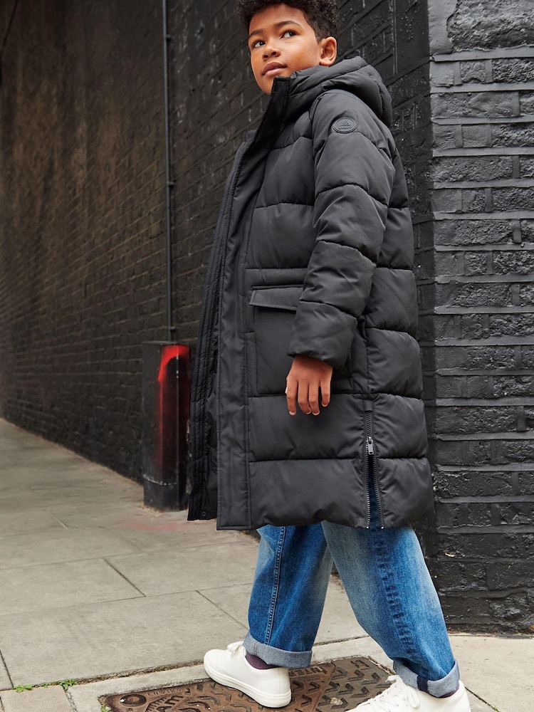 Black Extra Longline Puffer Coat (3-16yrs) - Image 1 of 4