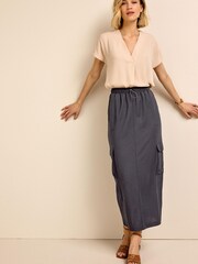 Charcoal Grey Cargo Drawstring Waist Midi Skirt - Image 1 of 6