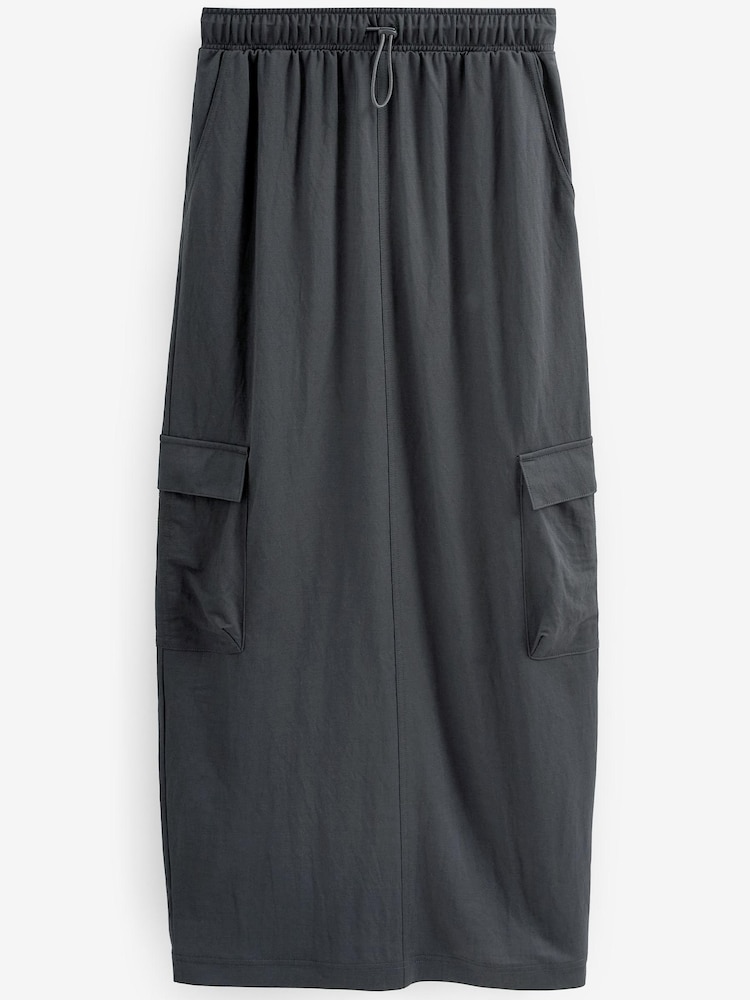 Charcoal Grey Cargo Drawstring Waist Midi Skirt - Image 6 of 6