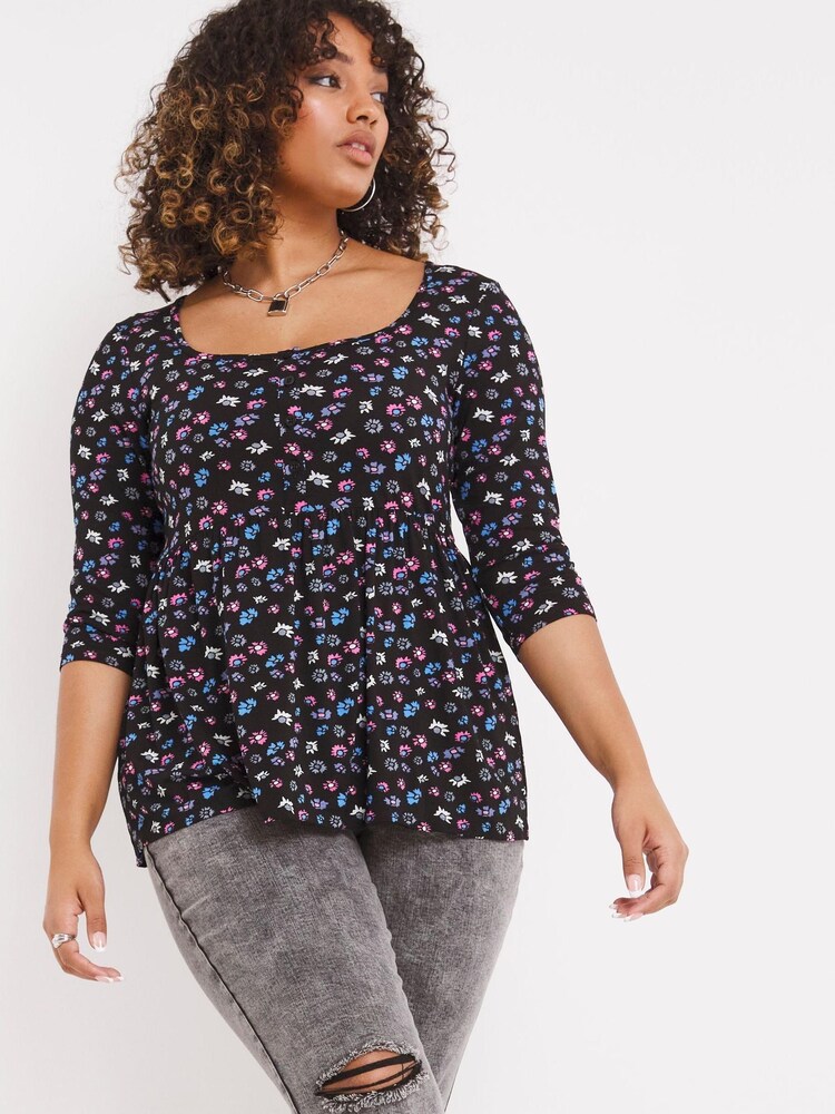 Simply Be Black Ditsy 3/4 Sleeve Criss-Cross Front Tunic - Image 1 of 1 Simply Be Black Ditsy 3/4 Sleeve Criss-Cross Front Tunic - Image 1 of 1