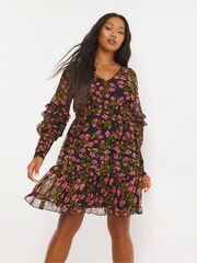 Simply Be Skaterkleid mit gesmokten Bündchen und Blumenprint, Schwarz - Bild 1 von 4