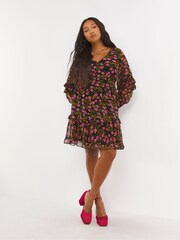 Simply Be Skaterkleid mit gesmokten Bündchen und Blumenprint, Schwarz - Bild 4 von 4