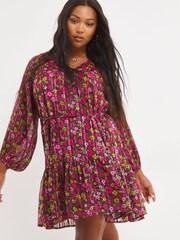 Simply Be Pink Floral Print Sparkle Detail Exaggerated Sleeve Swing Dress - Image 1 of 4