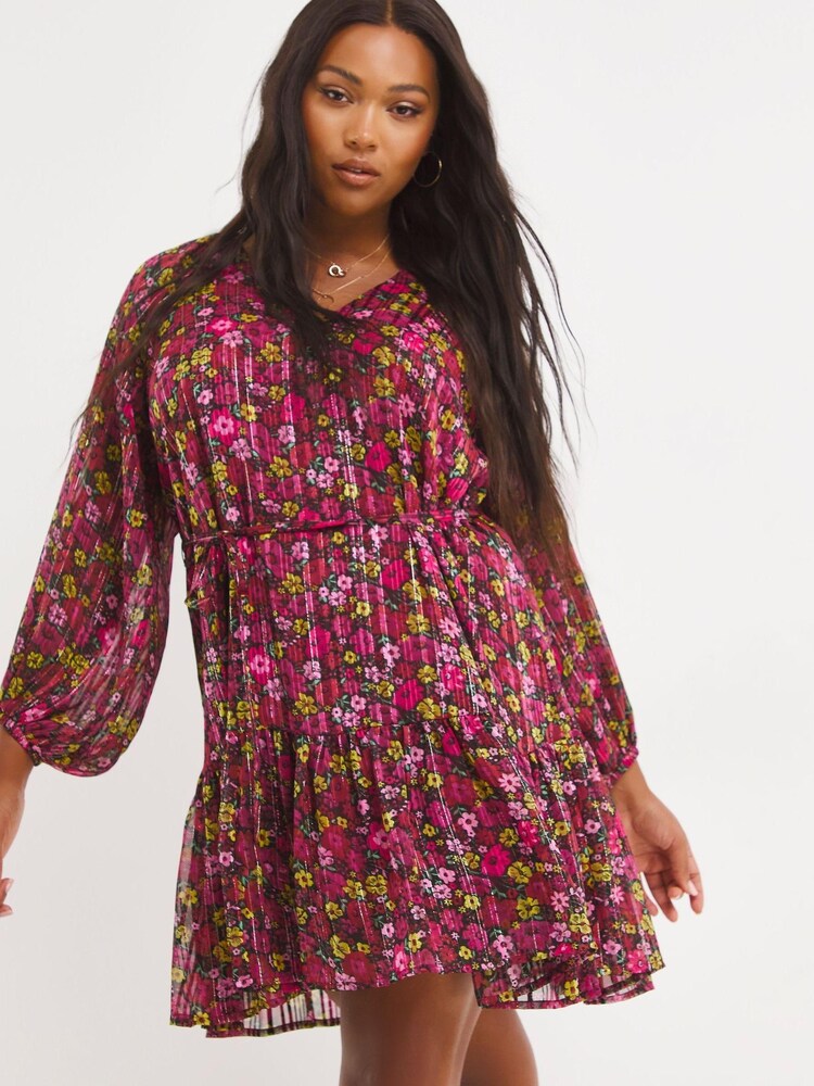 Simply Be Pink Floral Print Sparkle Detail Exaggerated Sleeve Swing Dress - Image 1 of 4