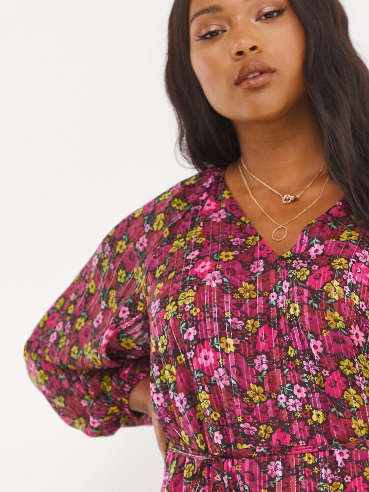 Simply Be Pink Floral Print Sparkle Detail Exaggerated Sleeve Swing Dress - Image 4 of 4