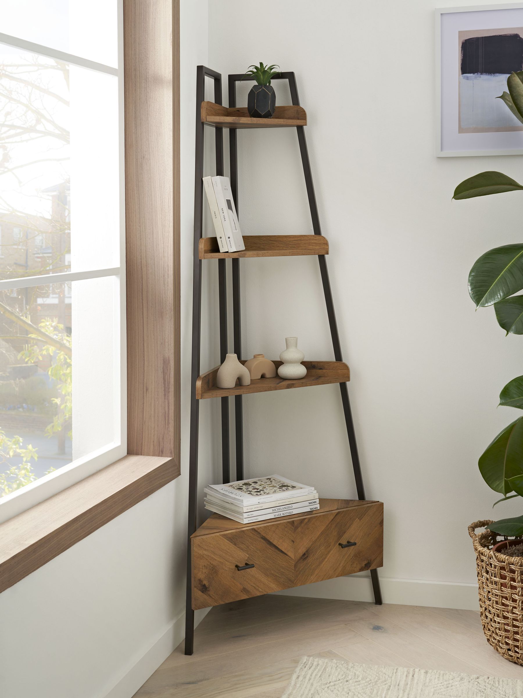 Dark Bronx Ladder Chevron Oak Effect Storage Corner Shelf