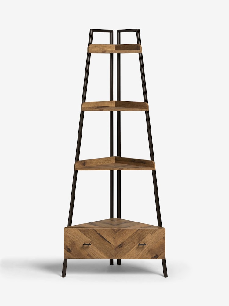Dark Bronx Ladder Chevron Oak Effect Storage Corner Shelf - Image 2 of 7