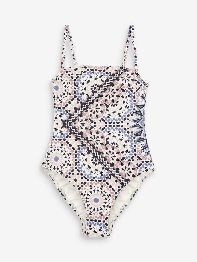 Mint Velvet Pink Tile Print Tummy Control Bandeau Swimsuit - Image 1 of 1