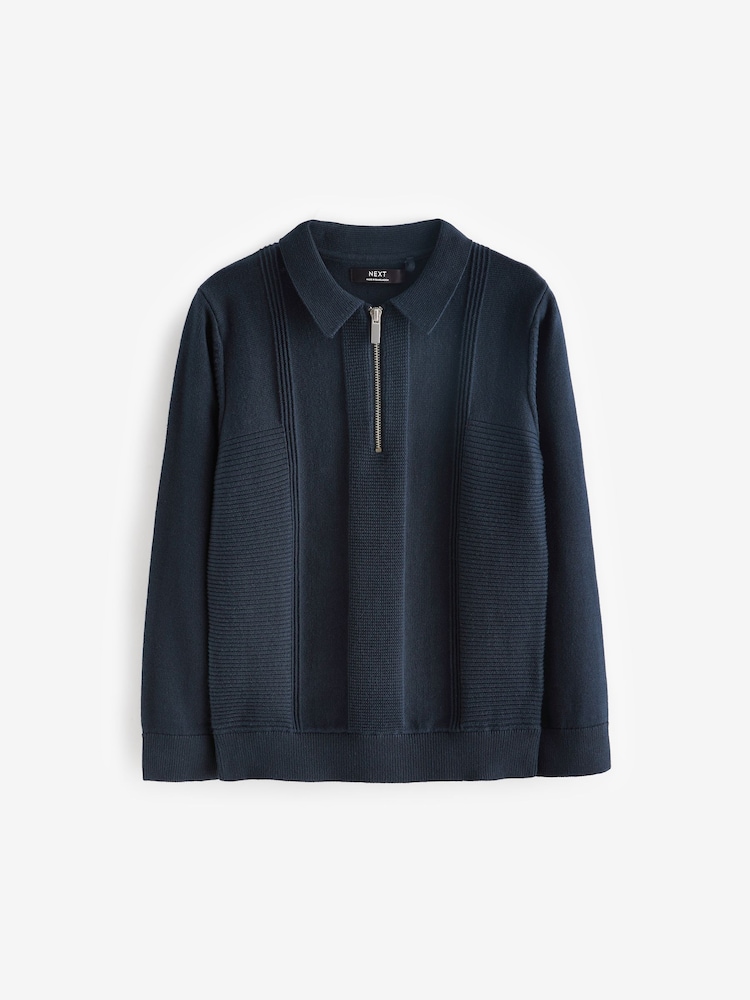 Navy Blue Textured Knit Zip Neck Long Sleeve Polo Shirt (3-16yrs) - Image 1 of 3