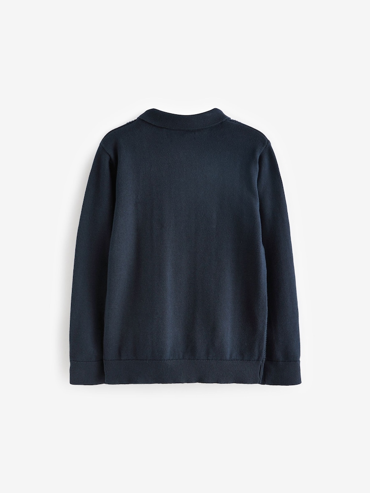 Navy Blue Textured Knit Zip Neck Long Sleeve Polo Shirt (3-16yrs) - Image 2 of 3